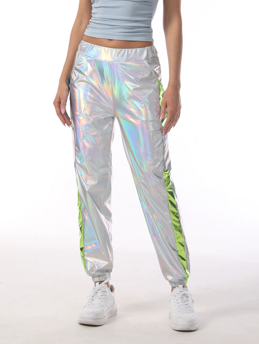 ZARA Womens Street Hip Hop Party Loose Laser Iridescent Shiny Sweatpants